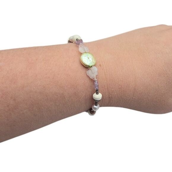 Vintage Purple, White, Pearl and Beaded Bracelet with Magnetic Closure - Picture 1 of 6